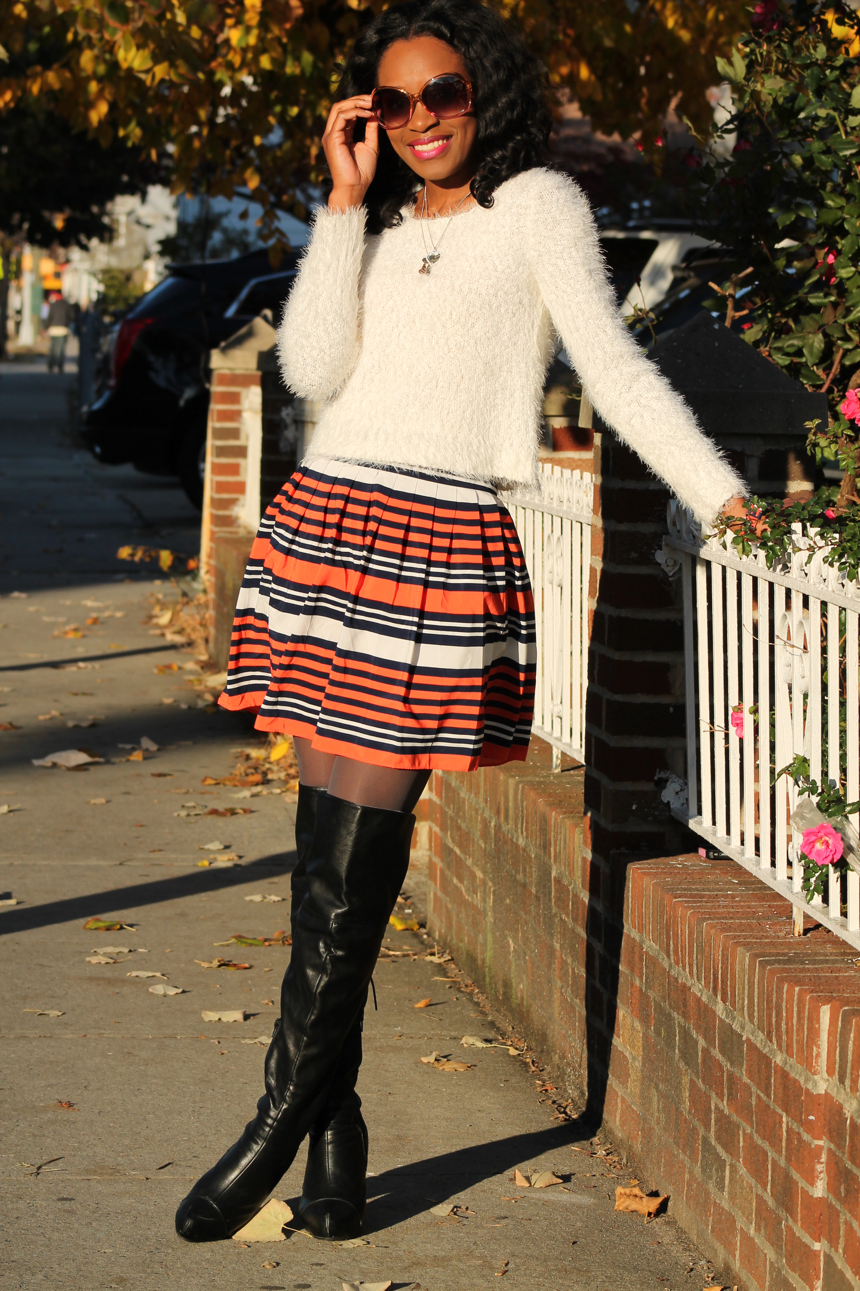 “Striped skater skirt + cropped sweater”