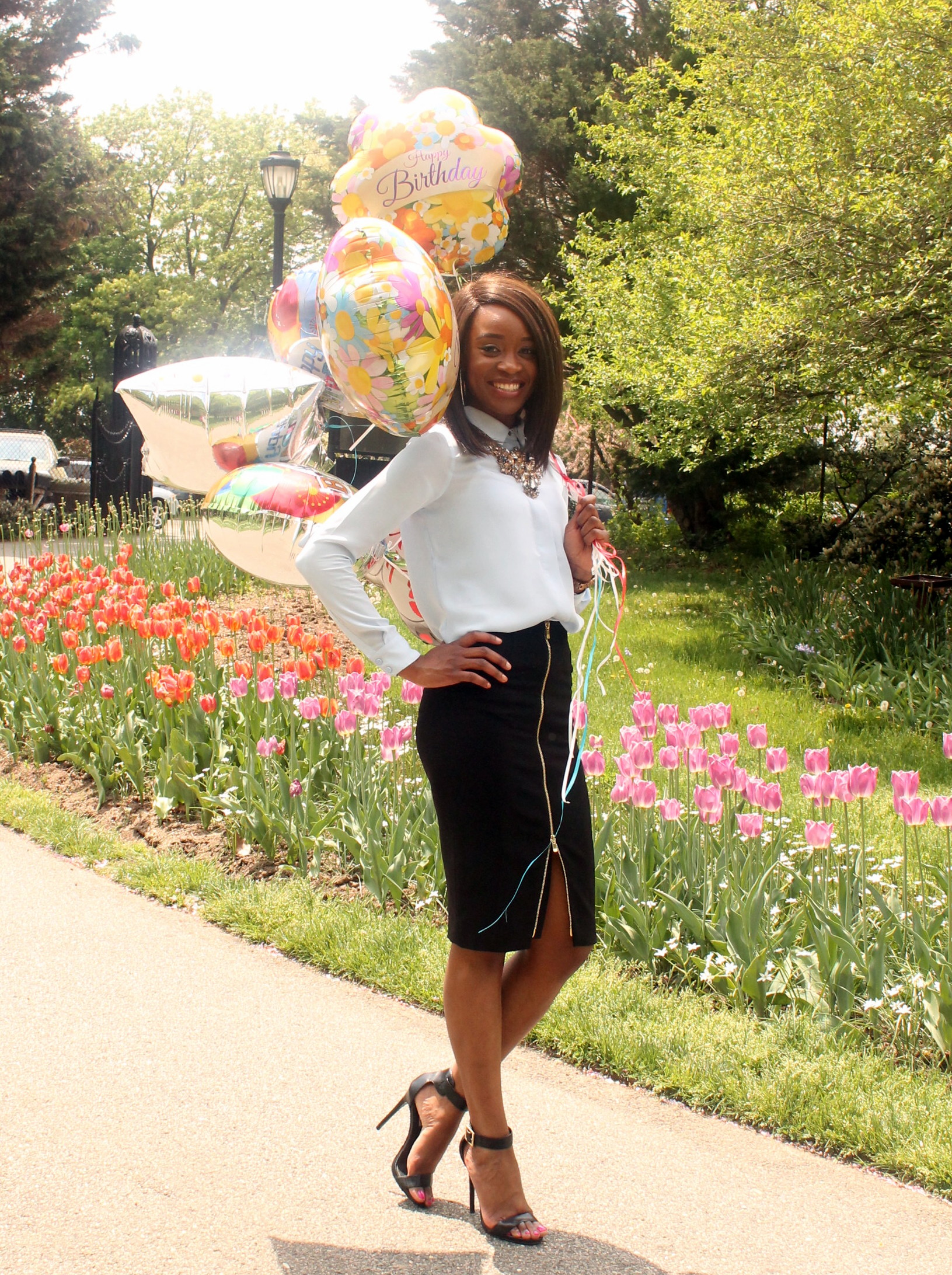 “Zippered pencil skirt + pastel button down”