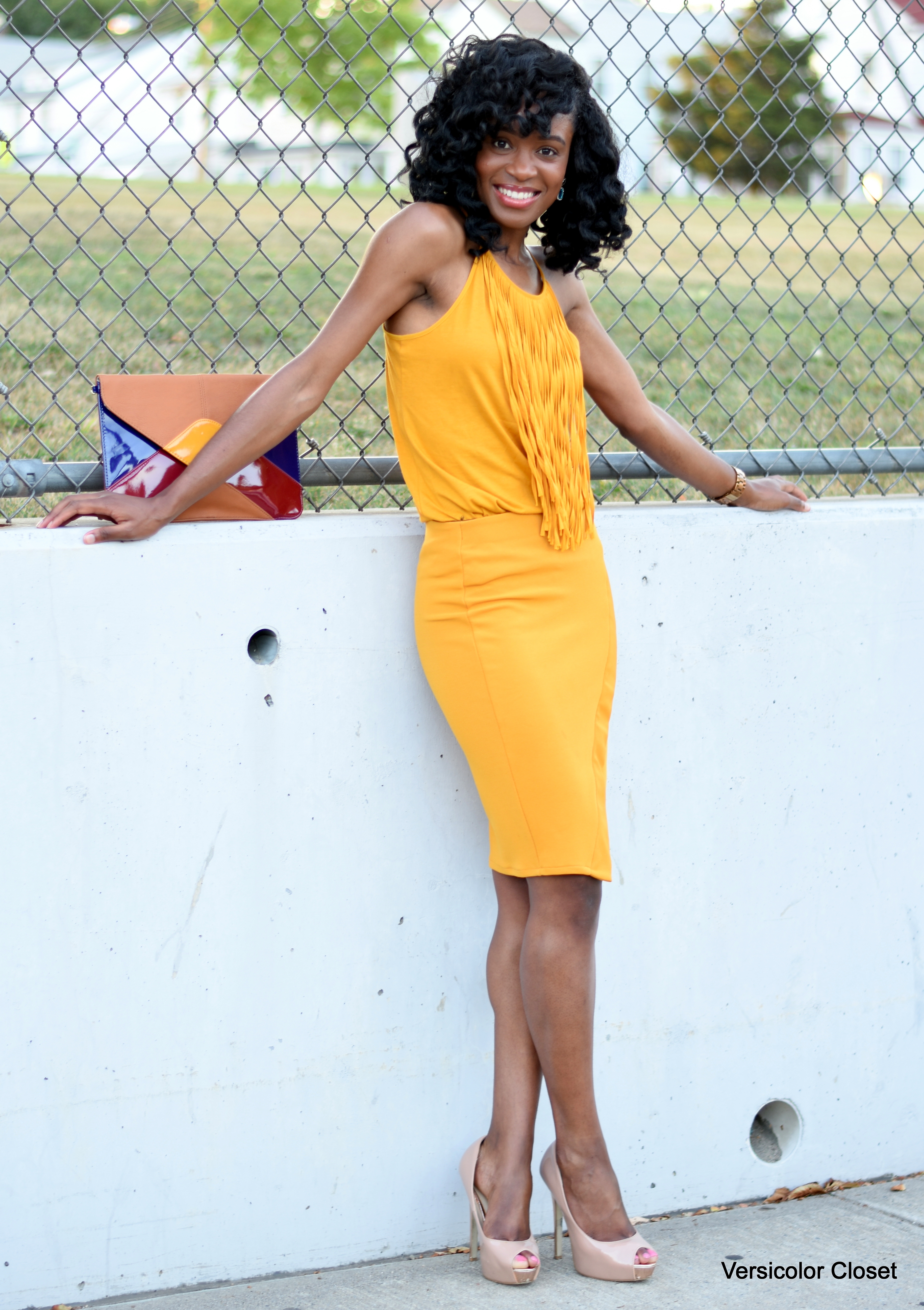 “Mustard pencil skirt & fringe top”