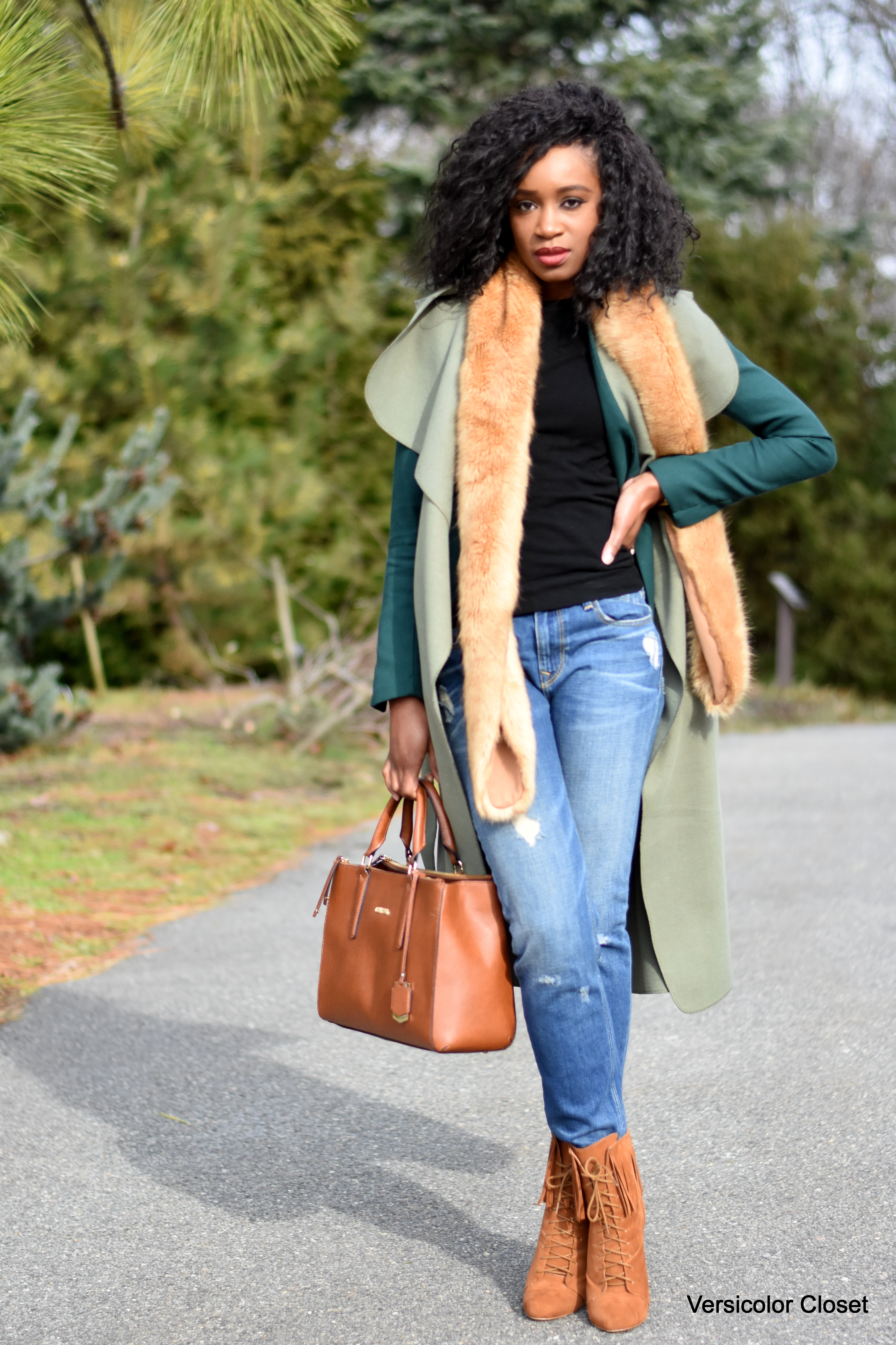 Distressed denim & waterfall coat