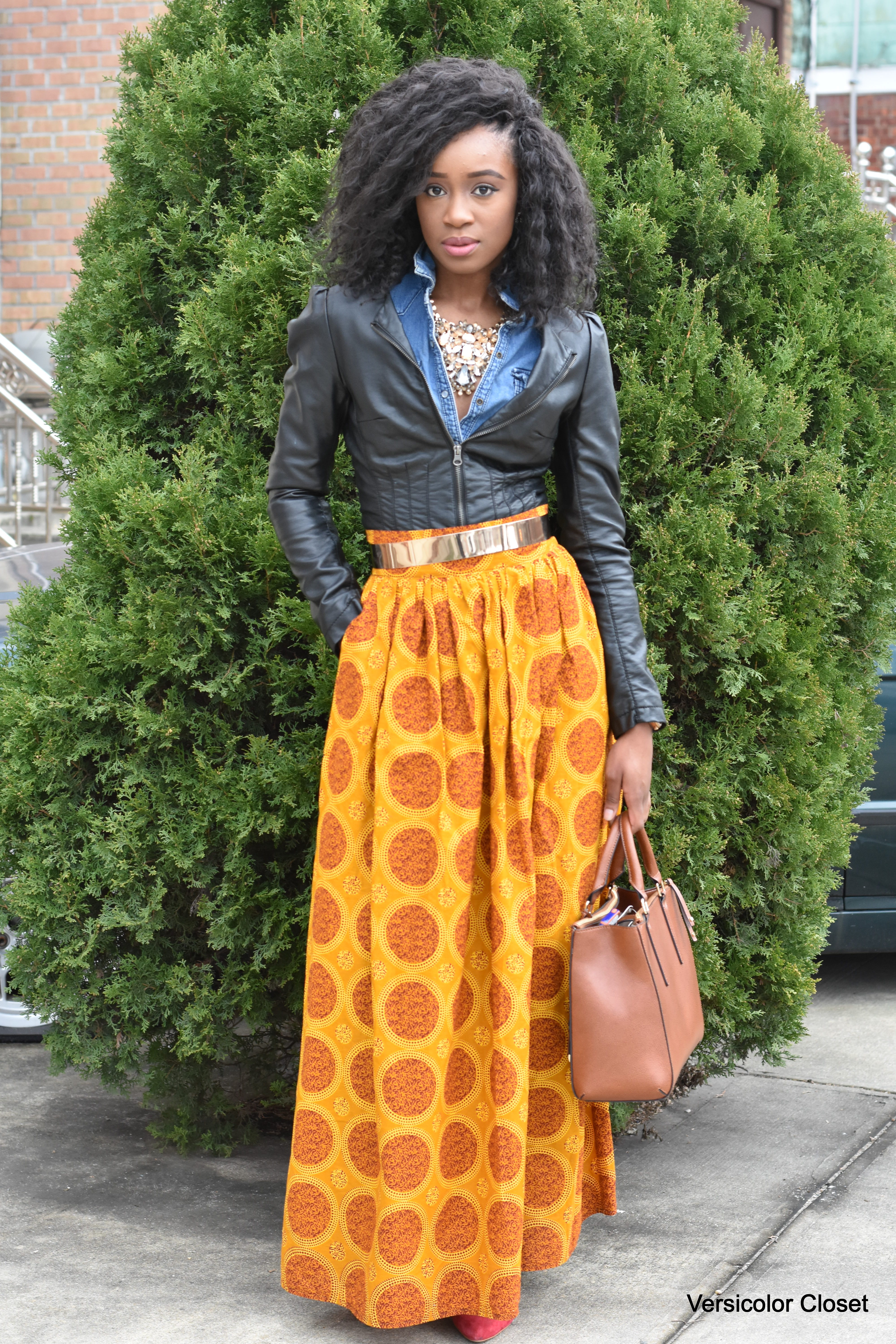 Ankara maxi skirt & faux leather jacket