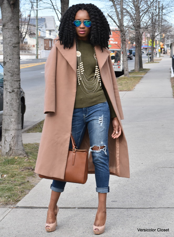 Distressed denim + camel coat