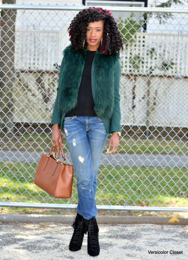 Ripped jeans + faux fur vest