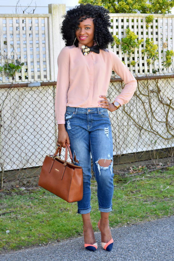 Ripped jeans + embellished bow tie