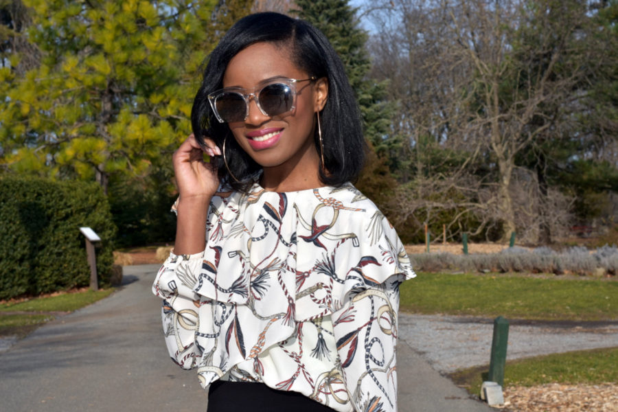 Zippered pencil skirt & floral blouse